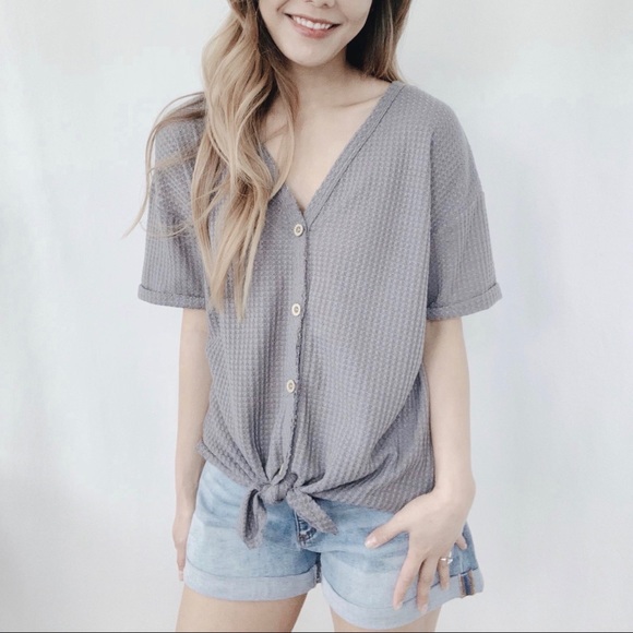 Tie Waffle Knit Top Dark Grey - Picture 5 of 8